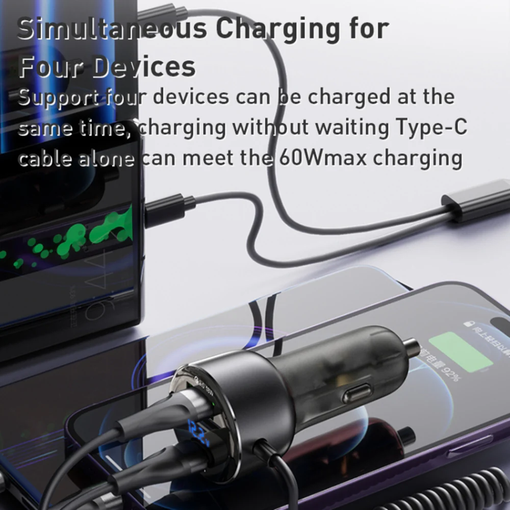 Car Charger with USB-C / Lightning Cable Yesido Y58 Display, 60W, 3A, 1 x USB-A - 1 x USB-C, Gray - Image 3