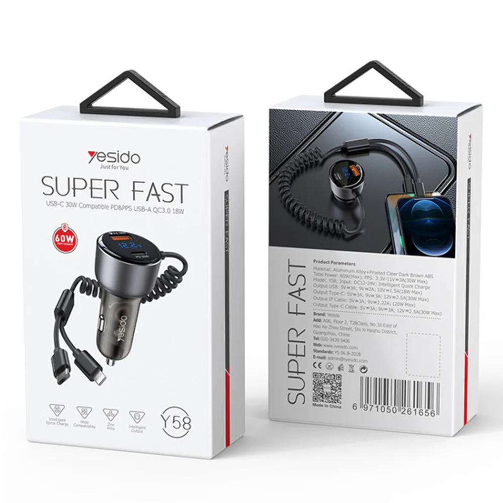 Car Charger with USB-C / Lightning Cable Yesido Y58 Display, 60W, 3A, 1 x USB-A - 1 x USB-C, Gray - Image 7