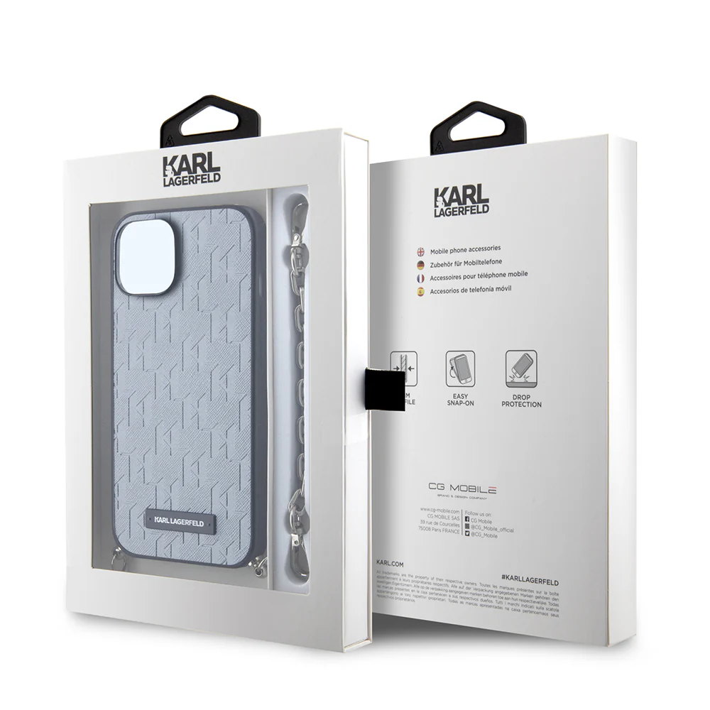 Case for Apple iPhone 14, Karl Lagerfeld, Saffiano Monogram Chain, Silver - Image 7