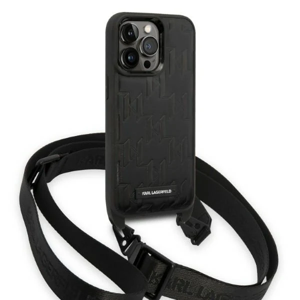 Case for Apple iPhone 14 Pro, Karl Lagerfeld, Monogram Plaque Logo with Strap, Black - Image 4