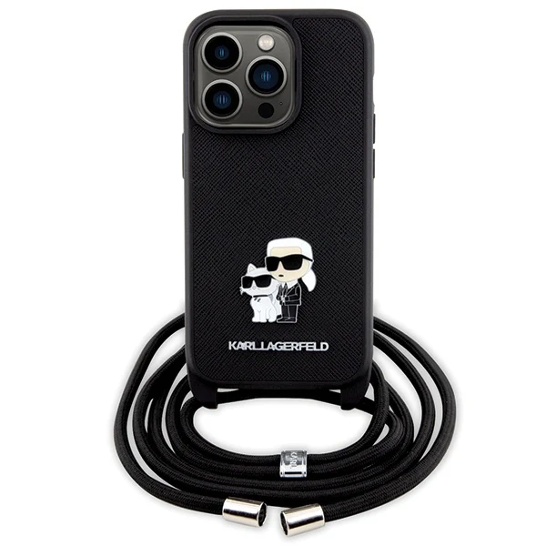Case for Apple iPhone 14 Pro, Karl Lagerfeld, Saffiano Crossbody Metal Pin Karl & Choupette, Black - Image 2