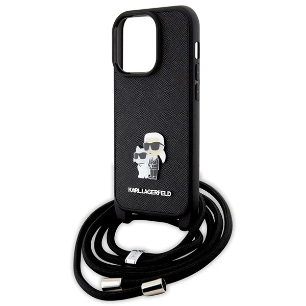 Case for Apple iPhone 14 Pro, Karl Lagerfeld, Saffiano Crossbody Metal Pin Karl & Choupette, Black - Image 3