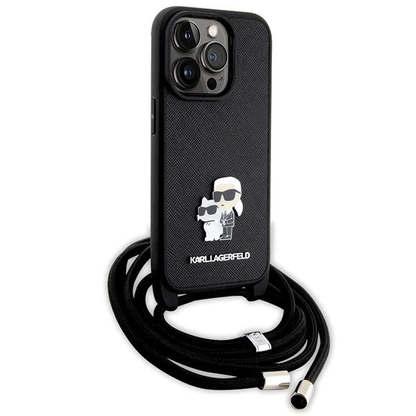 Case for Apple iPhone 14 Pro, Karl Lagerfeld, Saffiano Crossbody Metal Pin Karl & Choupette, Black - Image 4
