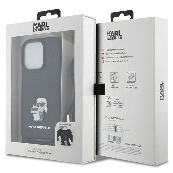 Case for Apple iPhone 14 Pro, Karl Lagerfeld, Saffiano Crossbody Metal Pin Karl & Choupette, Black - Image 7