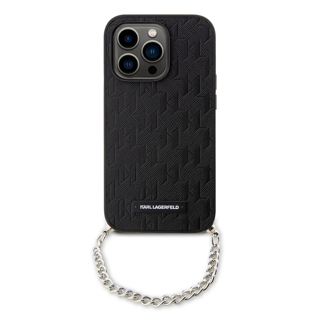 Case for Apple iPhone 14 Pro, Karl Lagerfeld, Saffiano Monogram Chain, Black - Image 3