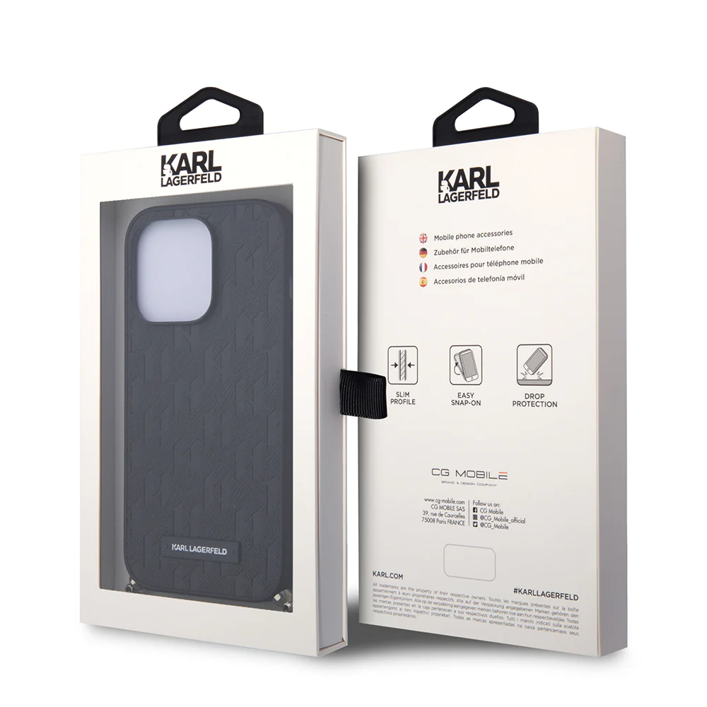 Case for Apple iPhone 14 Pro, Karl Lagerfeld, Saffiano Monogram Chain, Black - Image 7
