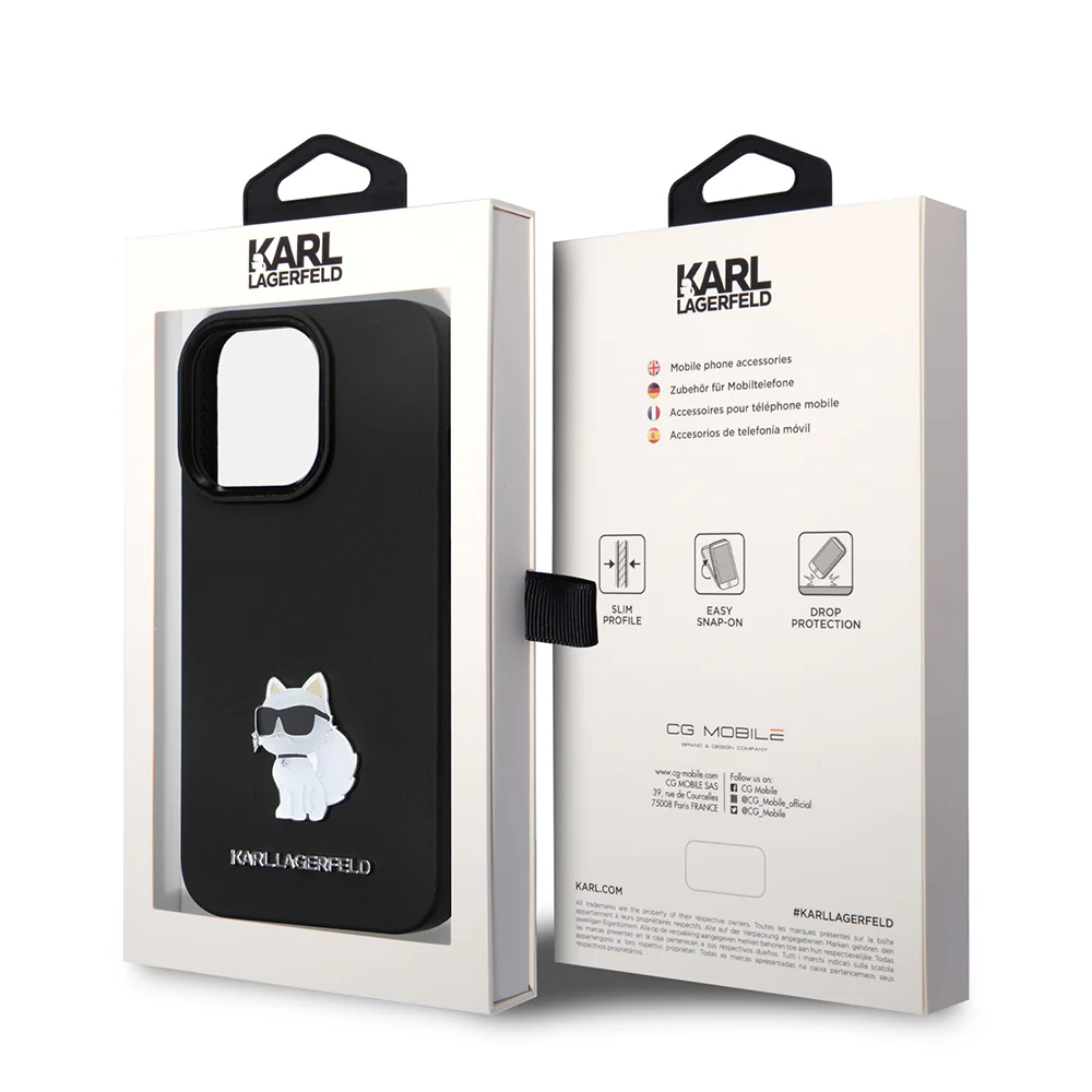 Case for Apple iPhone 14 Pro, Karl Lagerfeld, Silicone Choupette Metal, Black - Image 8