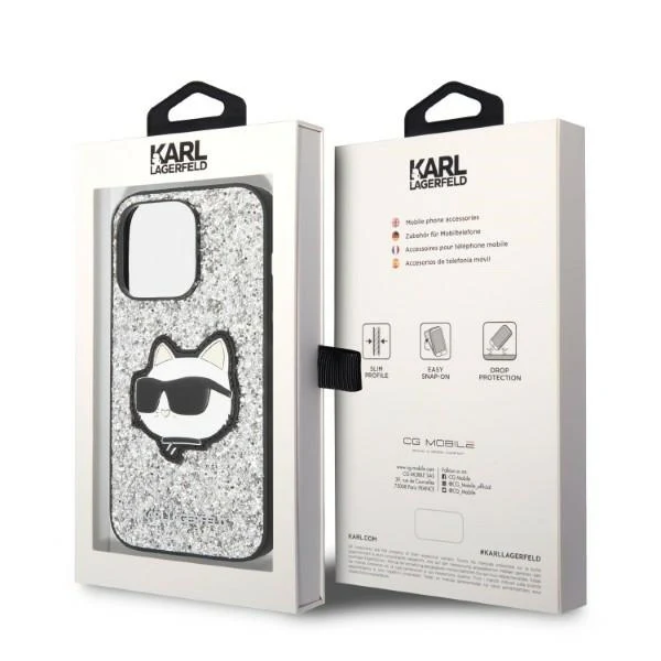 Case for Apple iPhone 14 Pro Max, Karl Lagerfeld, Glitter Choupette Patch, Silver - Image 8