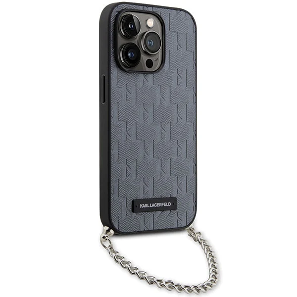 Case for Apple iPhone 14 Pro Max, Karl Lagerfeld, Saffiano Monogram Chain, Silver - Image 4