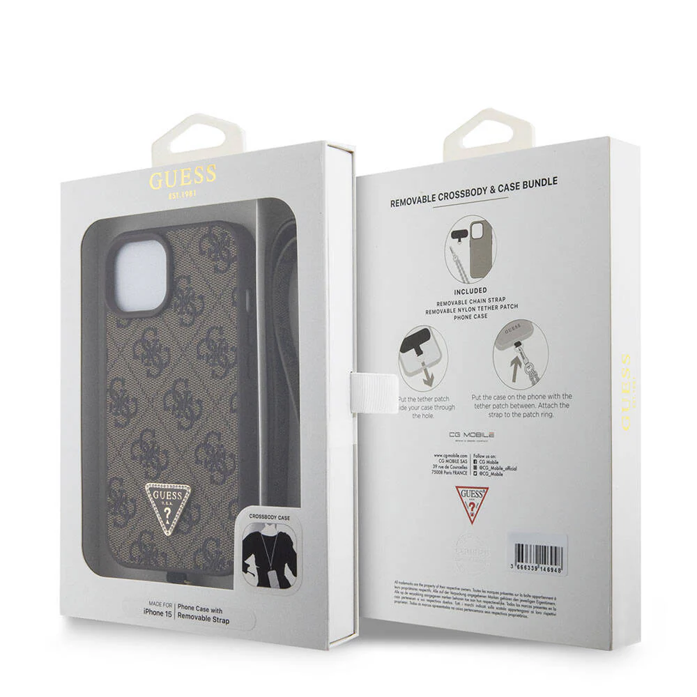 Case for Apple iPhone 15, Guess, Crossbody 4G Metal Logo, Brown - Image 7