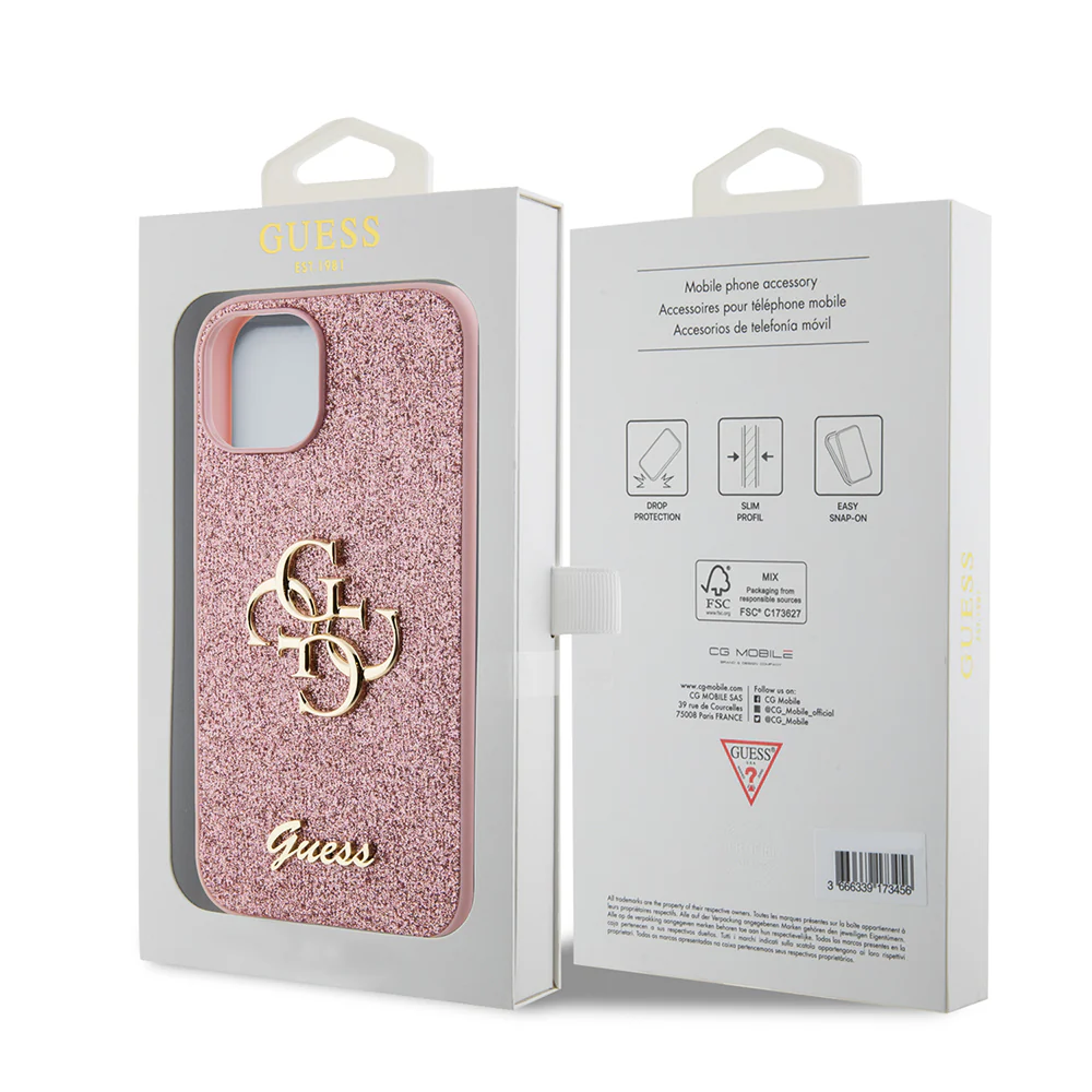 Case for Apple iPhone 15, Guess, Glitter Big 4G Script, Pink - Image 7