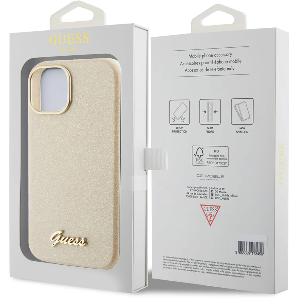 Case for Apple iPhone 15, Guess, Glitter Glossy Script, Beige - Image 7