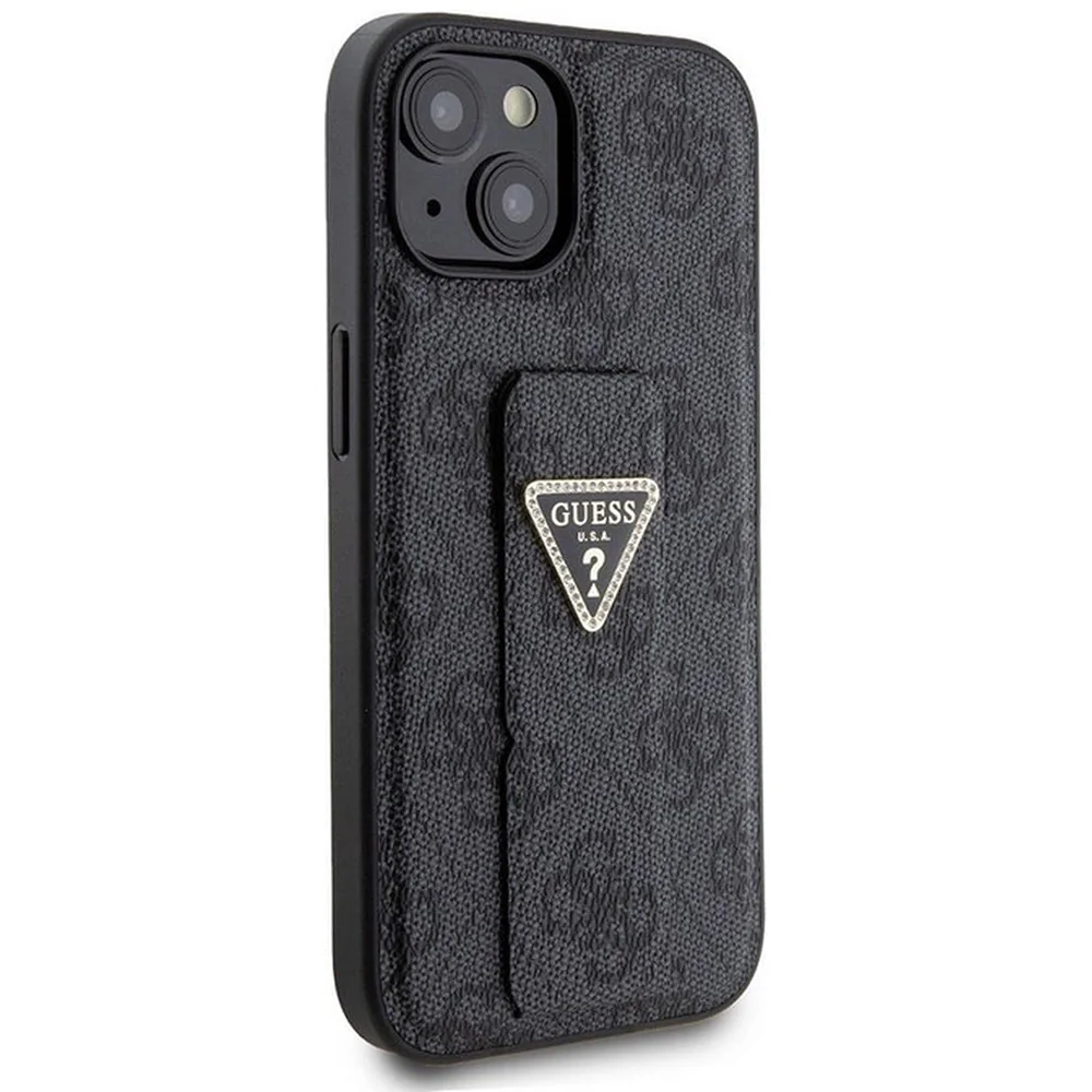 Case for Apple iPhone 15, Guess, Grip Stand 4G Triangle Strass, Black - Image 2