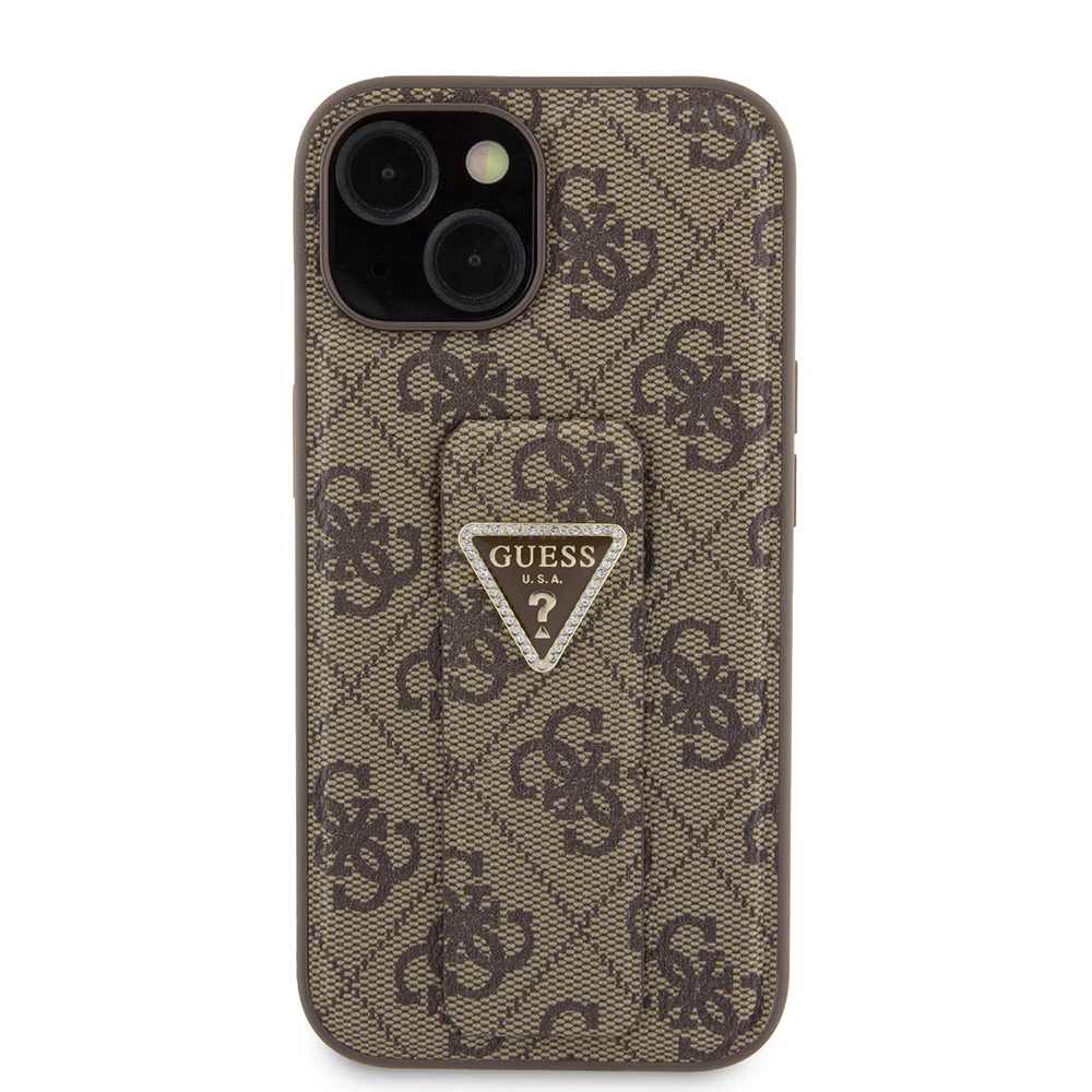 Case for Apple iPhone 15, Guess, Grip Stand 4G Triangle Strass, Brown - Image 2