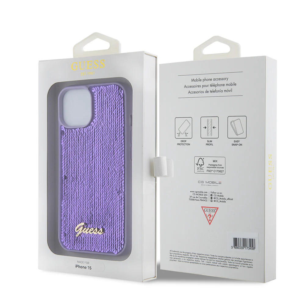 Case for Apple iPhone 15, Guess, Sequin Script Metal, Purple - Image 6