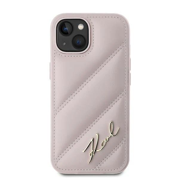 Case for Apple iPhone 15, Karl Lagerfeld, Diagonal Quilted Script, Pink - Image 3