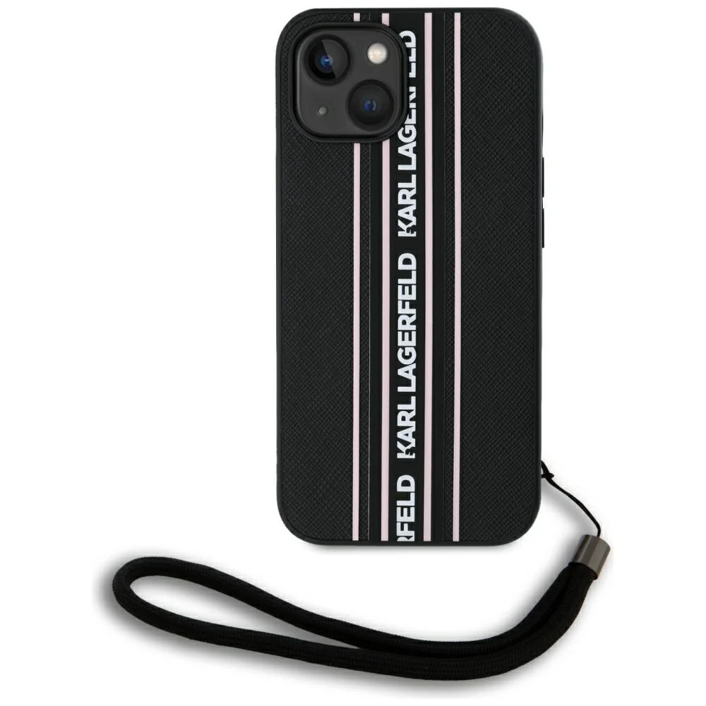 Case for Apple iPhone 15, Karl Lagerfeld, Saffiano Athleisure Stripes with Strap, Pink - Image 3