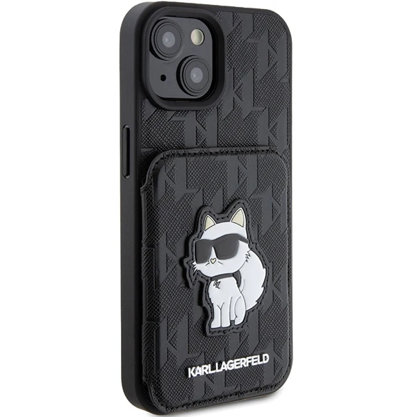 Case for Apple iPhone 15, Karl Lagerfeld, Saffiano Cardslots and Stand Monogram Choupette, Black - Image 6