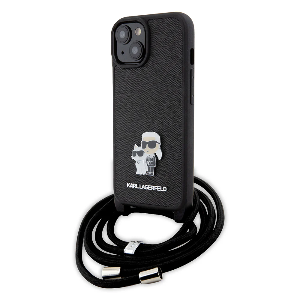 Case for Apple iPhone 15, Karl Lagerfeld, Saffiano Crossbody Metal Pin Karl & Choupette, Black