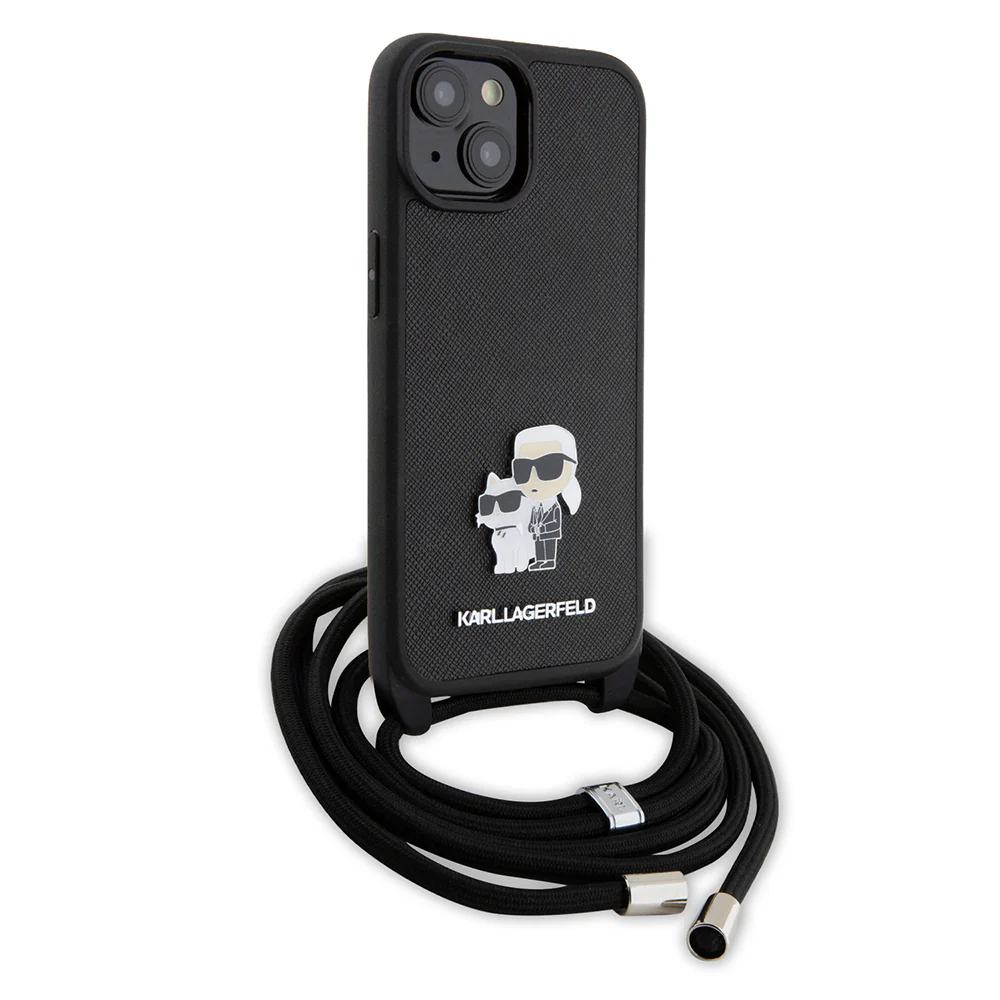 Case for Apple iPhone 15, Karl Lagerfeld, Saffiano Crossbody Metal Pin Karl & Choupette, Black - Image 6