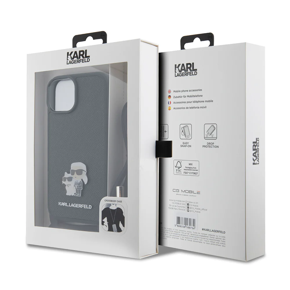 Case for Apple iPhone 15, Karl Lagerfeld, Saffiano Crossbody Metal Pin Karl & Choupette, Black - Image 7
