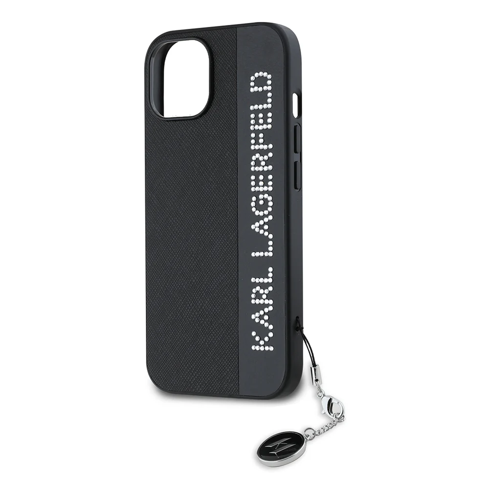 Case for Apple iPhone 15, Karl Lagerfeld, Saffiano Rhinestones & Charm, Black - Image 3