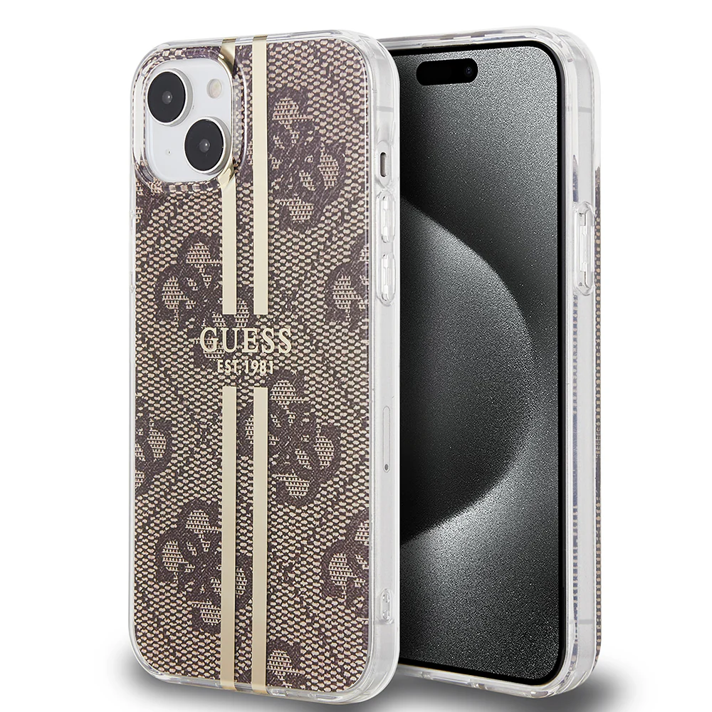 Case for Apple iPhone 15 Plus, Guess, IML 4G Gold Stripe, Brown