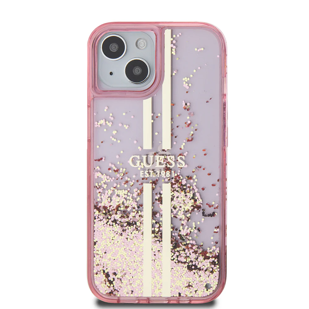Case for Apple iPhone 15 Plus, Guess, Liquid Glitter Gold Stripes, Pink - Image 2