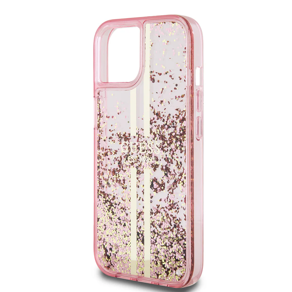 Case for Apple iPhone 15 Plus, Guess, Liquid Glitter Gold Stripes, Pink - Image 5