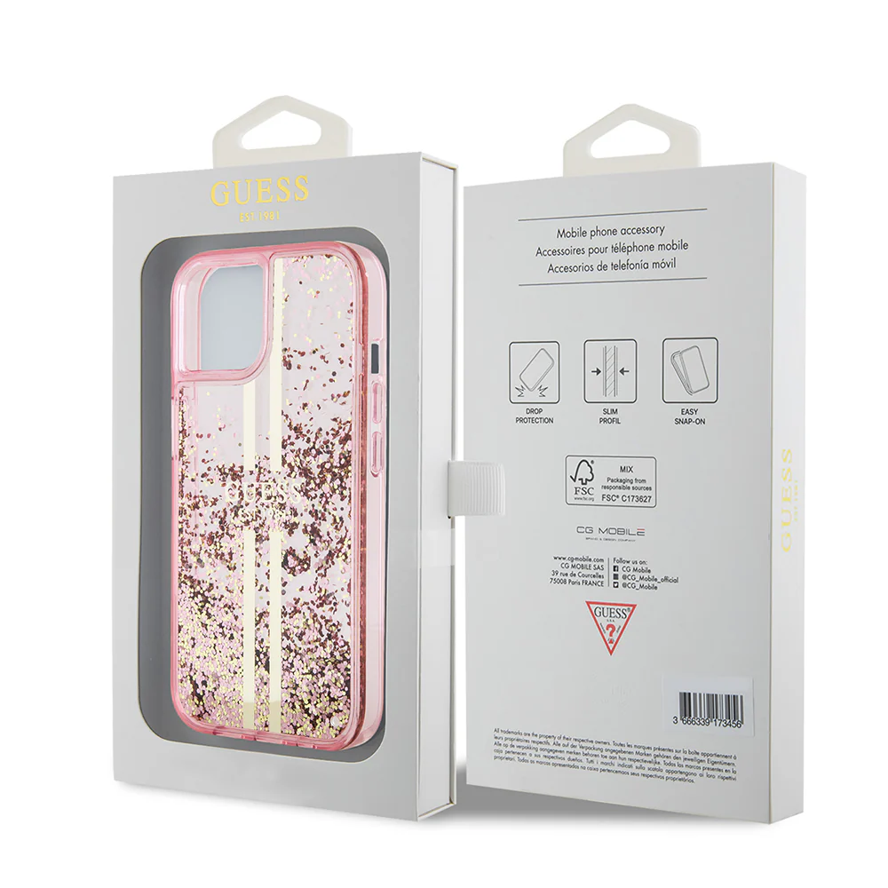 Case for Apple iPhone 15 Plus, Guess, Liquid Glitter Gold Stripes, Pink - Image 7