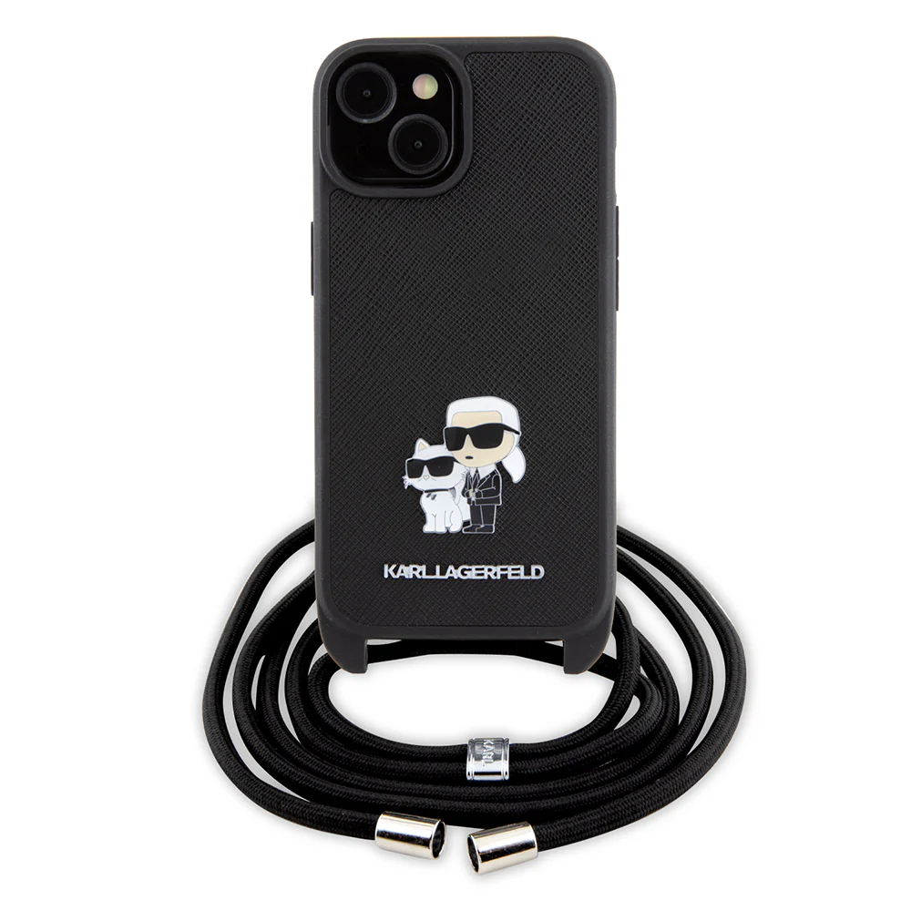 Case for Apple iPhone 15 Plus, Karl Lagerfeld, Saffiano Crossbody Metal Pin Karl & Choupette, Black - Image 6