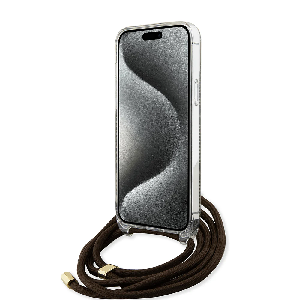 Case for Apple iPhone 15 Pro, Guess, Crossbody Cord 4G Print, Brown - Image 2