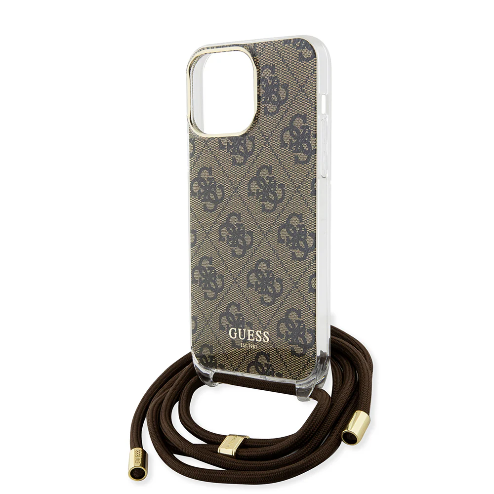 Case for Apple iPhone 15 Pro, Guess, Crossbody Cord 4G Print, Brown - Image 5