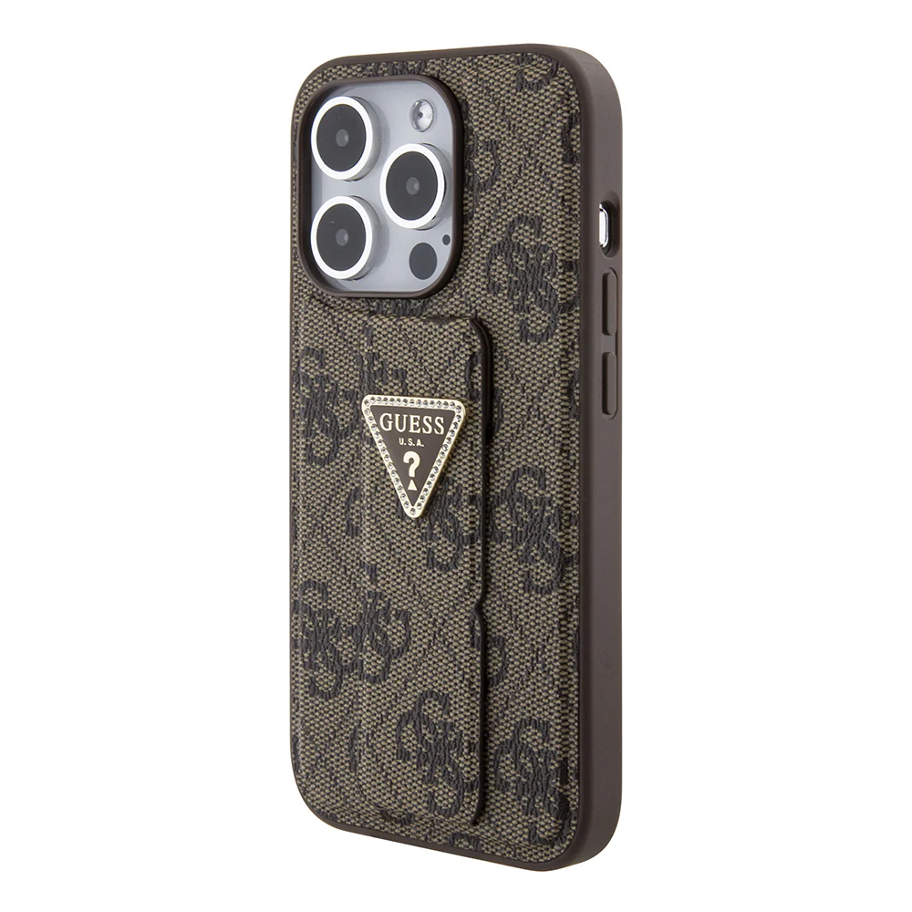 Case for Apple iPhone 15 Pro, Guess, Grip Stand 4G Triangle Strass, Brown - Image 4