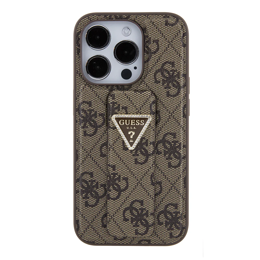 Case for Apple iPhone 15 Pro, Guess, Grip Stand 4G Triangle Strass, Brown - Image 5