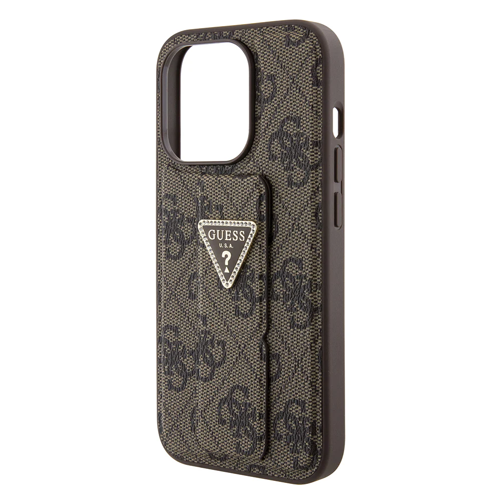 Case for Apple iPhone 15 Pro, Guess, Grip Stand 4G Triangle Strass, Brown - Image 6
