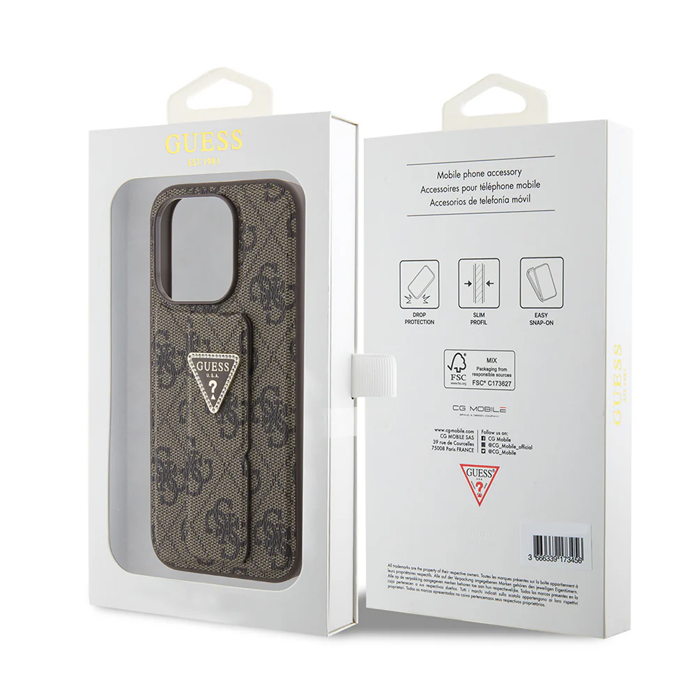 Case for Apple iPhone 15 Pro, Guess, Grip Stand 4G Triangle Strass, Brown - Image 7