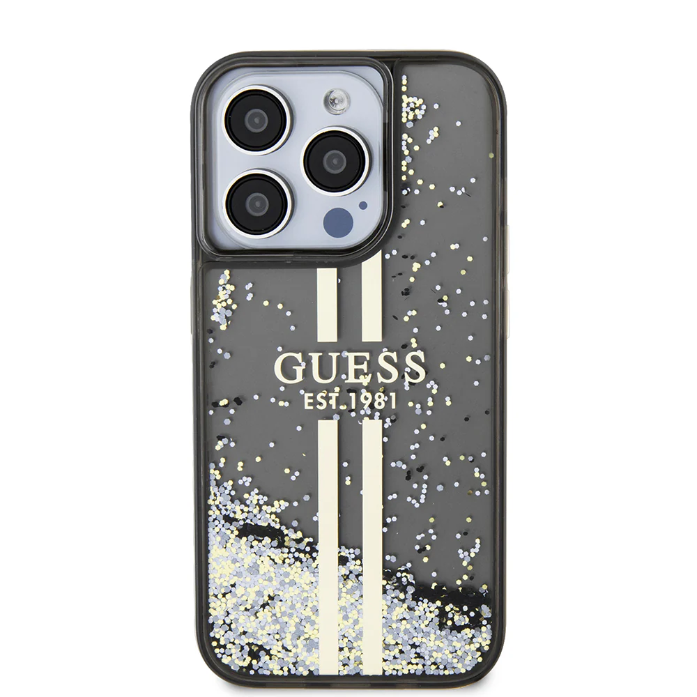 Case for Apple iPhone 15 Pro, Guess, Liquid Glitter Gold Stripe, Black - Image 2