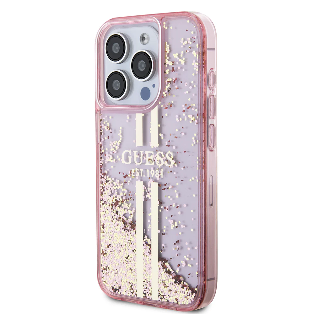 Case for Apple iPhone 15 Pro, Guess, Liquid Glitter Gold Stripes, Pink - Image 4