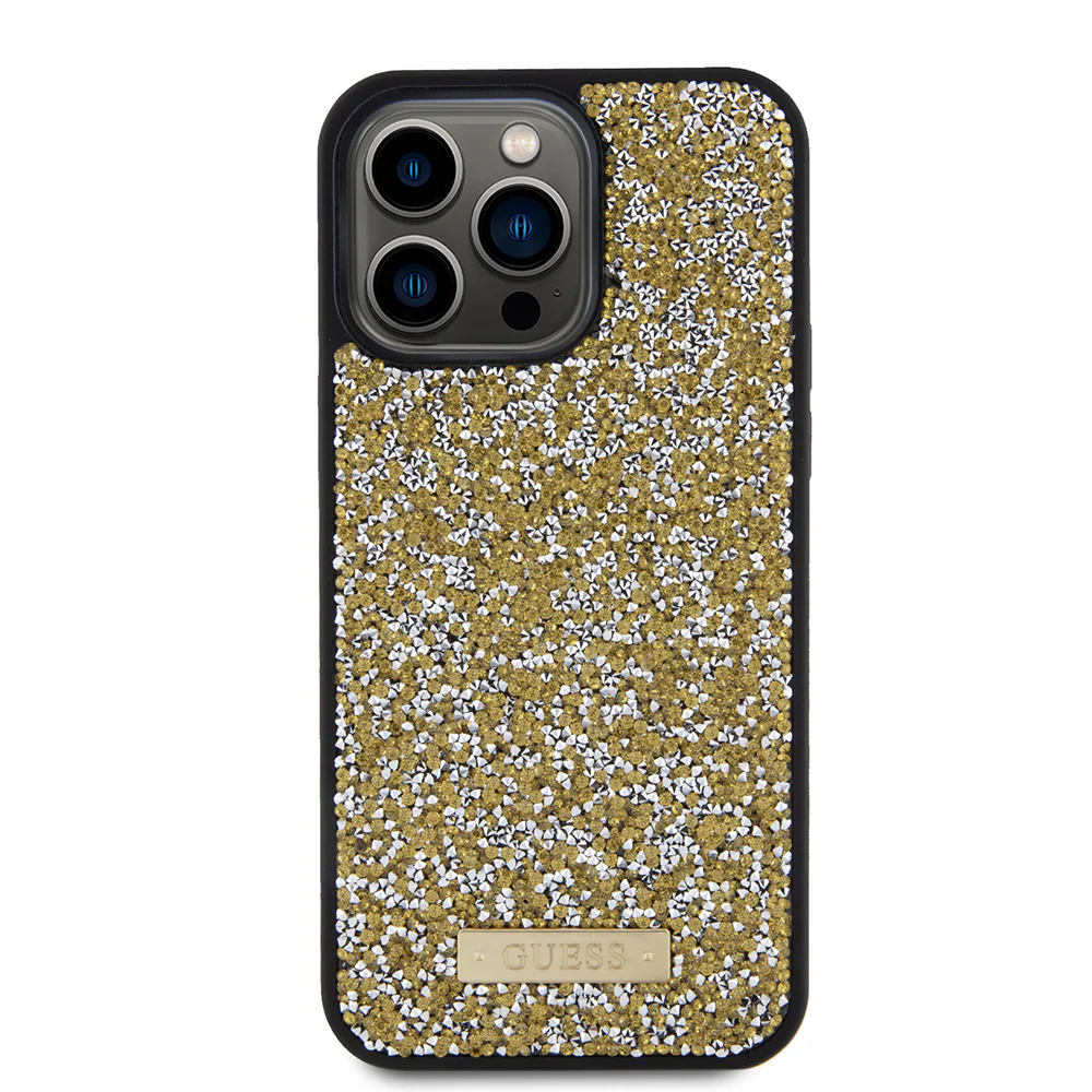 Case for Apple iPhone 15 Pro, Guess, Rhinestone Metal Logo, Yellow - Image 2