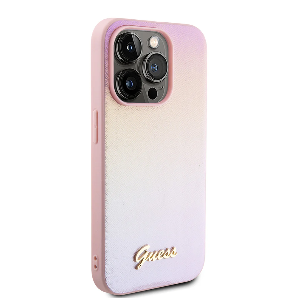 Case for Apple iPhone 15 Pro, Guess, Saffiano Iridescent Script, Pink - Image 4