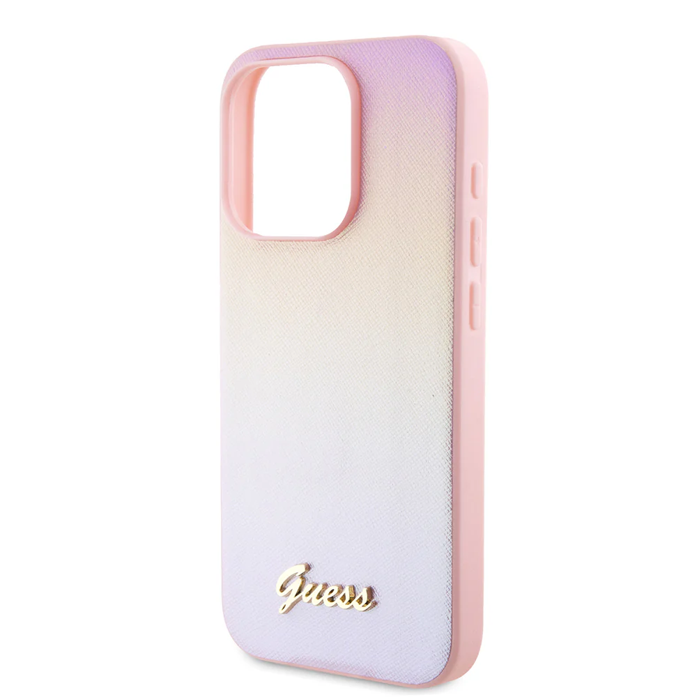 Case for Apple iPhone 15 Pro, Guess, Saffiano Iridescent Script, Pink - Image 5