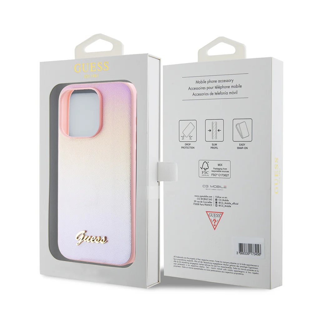 Case for Apple iPhone 15 Pro, Guess, Saffiano Iridescent Script, Pink - Image 7