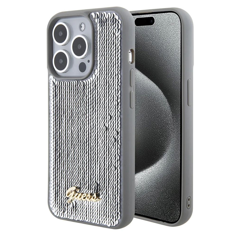Case for Apple iPhone 15 Pro, Guess, Sequin Script Metal, Silver