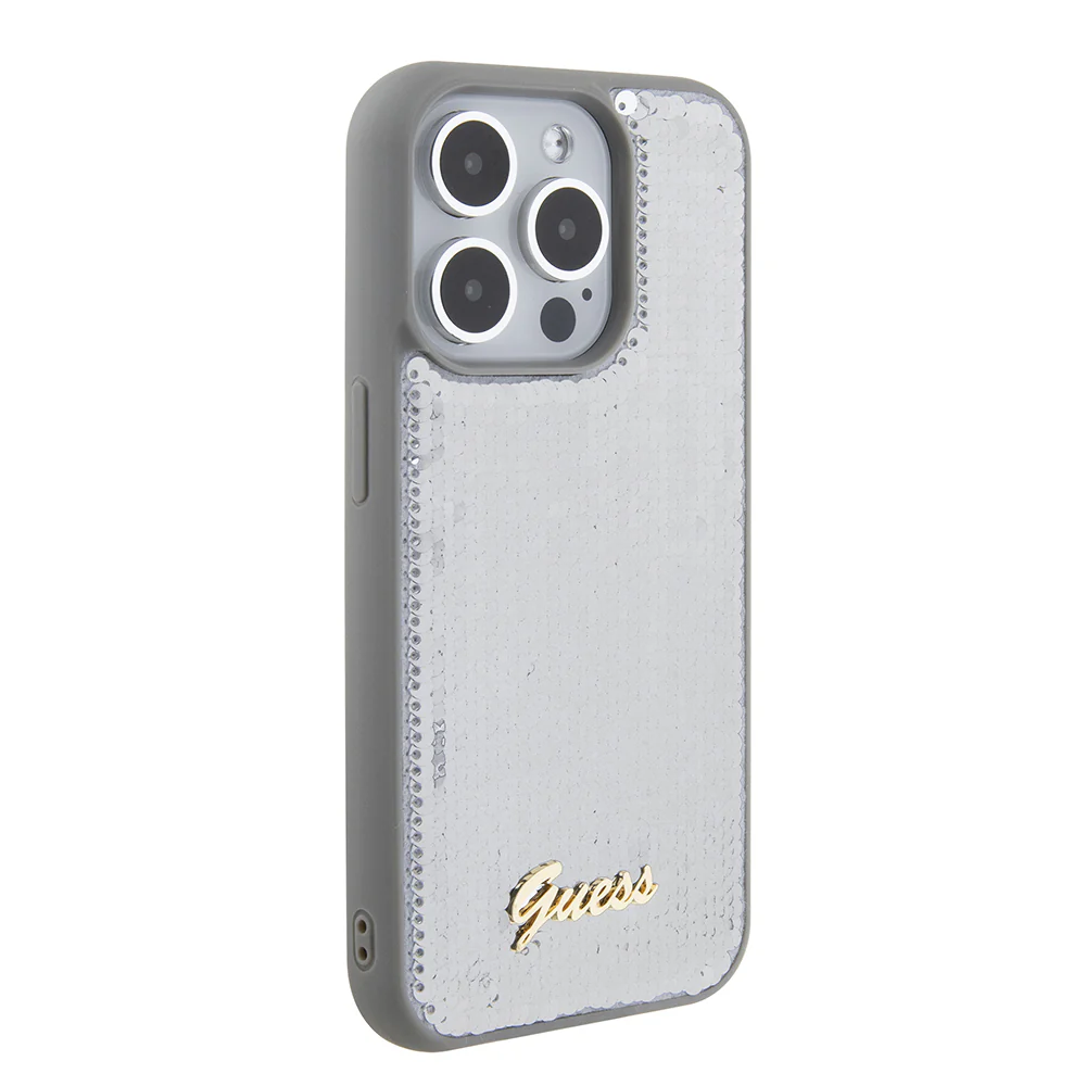 Case for Apple iPhone 15 Pro, Guess, Sequin Script Metal, Silver - Image 4