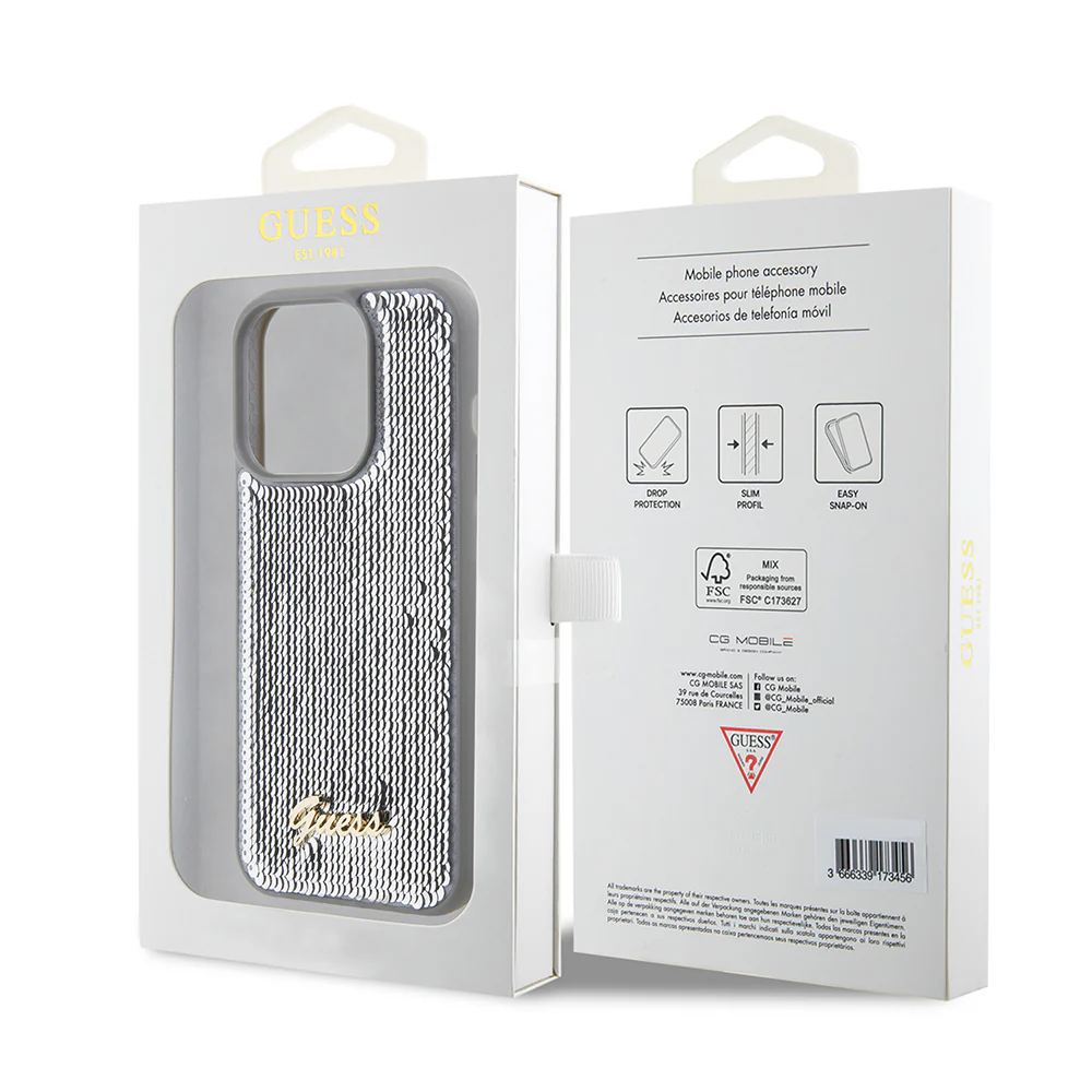 Case for Apple iPhone 15 Pro, Guess, Sequin Script Metal, Silver - Image 7
