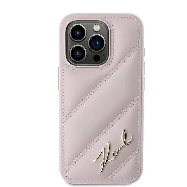 Case for Apple iPhone 15 Pro, Karl Lagerfeld, Diagonal Quilted Script, Pink - Image 3
