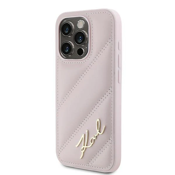Case for Apple iPhone 15 Pro, Karl Lagerfeld, Diagonal Quilted Script, Pink - Image 5