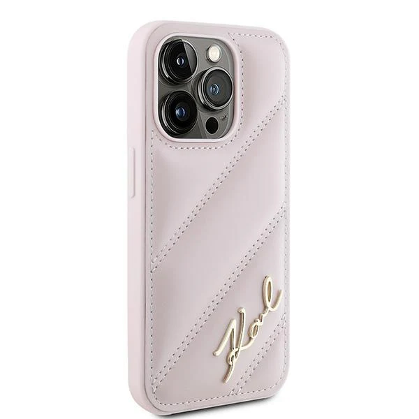 Case for Apple iPhone 15 Pro, Karl Lagerfeld, Diagonal Quilted Script, Pink - Image 7