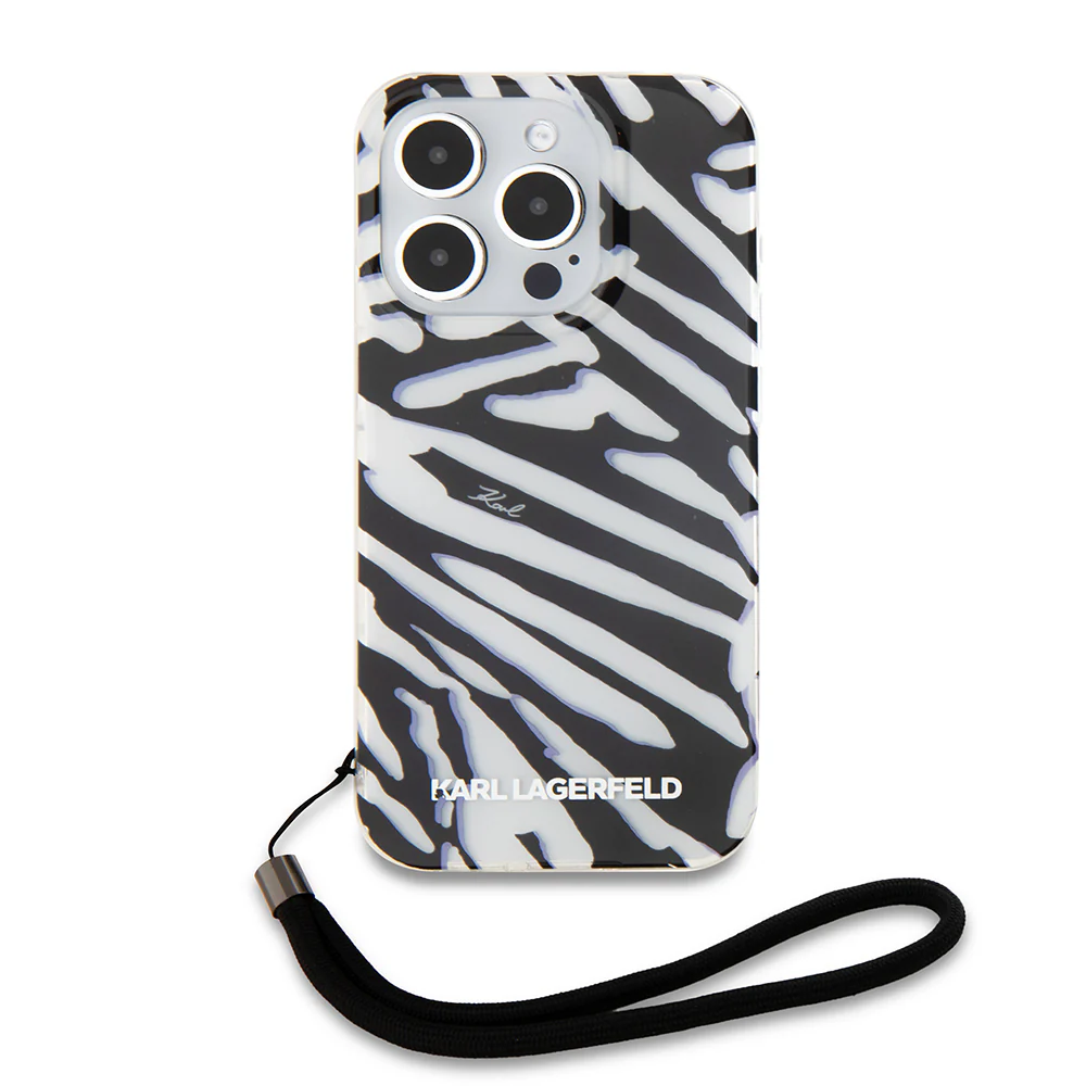 Case for Apple iPhone 15 Pro, Karl Lagerfeld, IML Luxury Zebra Pattern with Strap, Black - Image 3